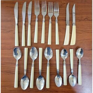 Vintage MCM Stainless Flatware Set 16pc Cream Resin Handle Taiwan Mid Century